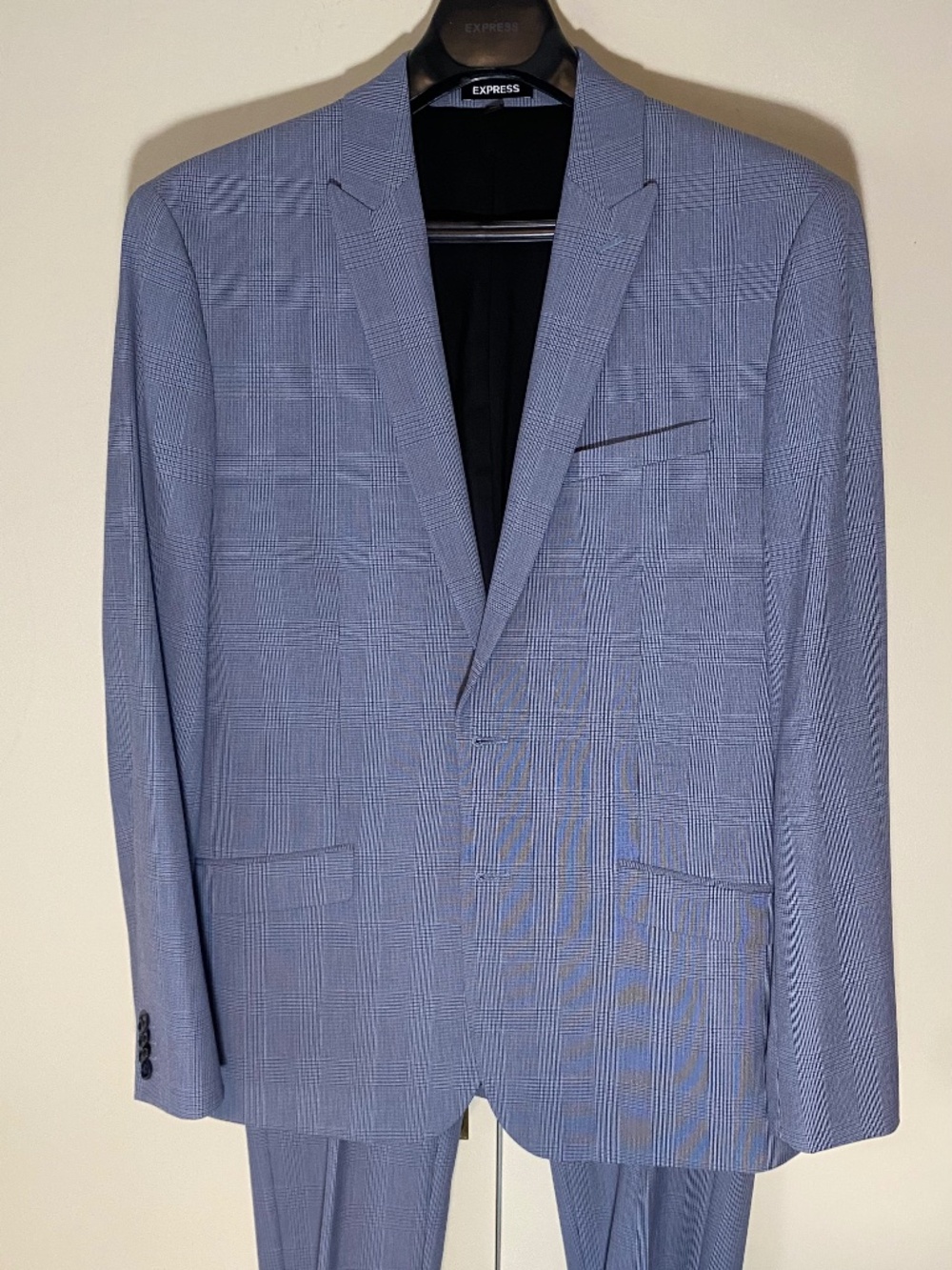 Express Men’s Blue Houndstooth Slim‑Fit Suit Set – Modern Tailored Jacket + Matc